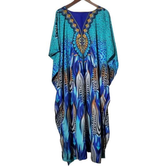 Winlar Satin Caftan Kaftan House Dress One Size Muumuu Vibrant Blue Boho Womens - Picture 3 of 8